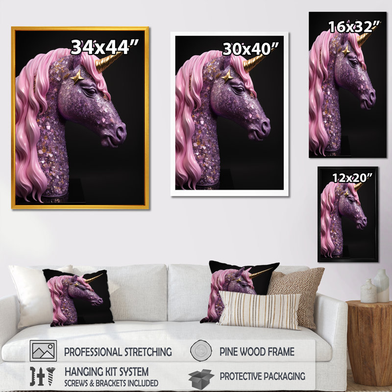 Portrait de licorne glam rose avec corne d'or I sur toile, Cadre flottant brun, H 20 po x l 12 po x P 1 po