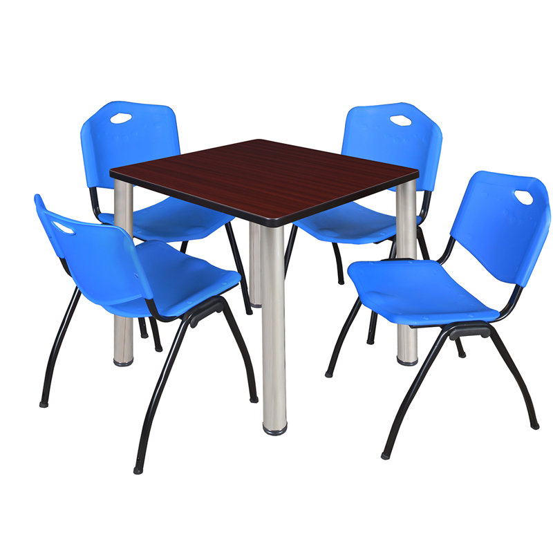Plateau de table Kee Square, 4 chaises empilables, Chrome, 30" W x 30" D, Bleu