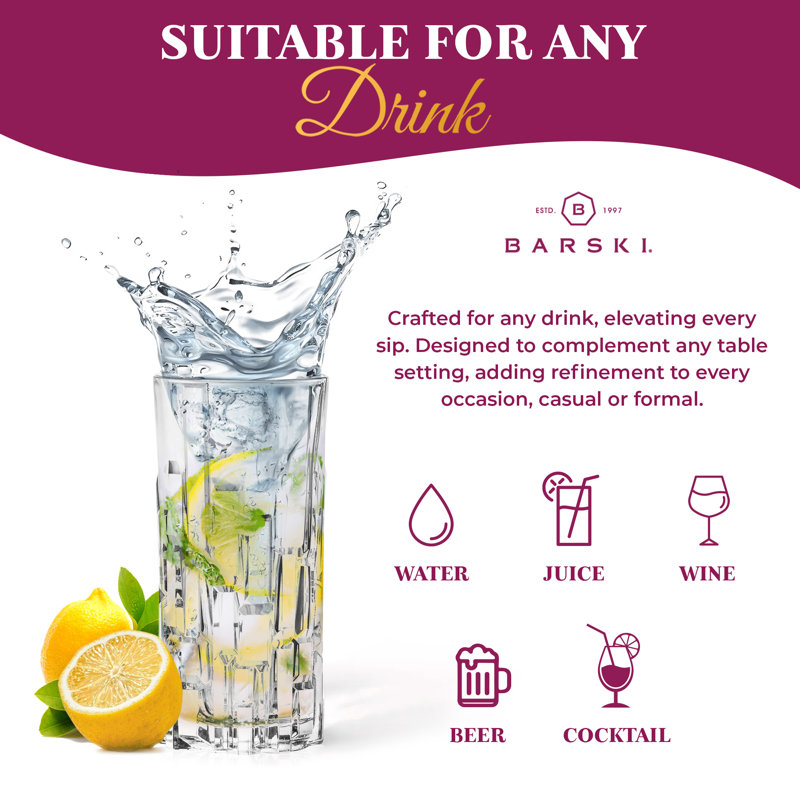 European Crafted Clear Glass Highball Tumblers Set of 4