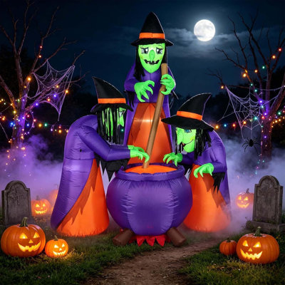 6 FT Halloween Inflatables with Built-in LEDs, Three Witches Around a Cauldron with Flame Light, Blow Up Yard Decoration for Indoor Outdoor Garden Lawn Party