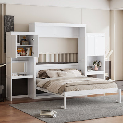 Grand lit escamotable avec bureau, coiffeuse et armoires - Grand lit mural multifonctionnel, blanc