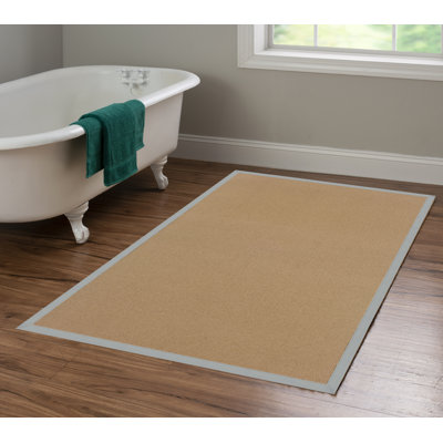 Nannette Handmade Dark Beige Berber with Ice Blue Cotton Border Made in the USA Area Rug