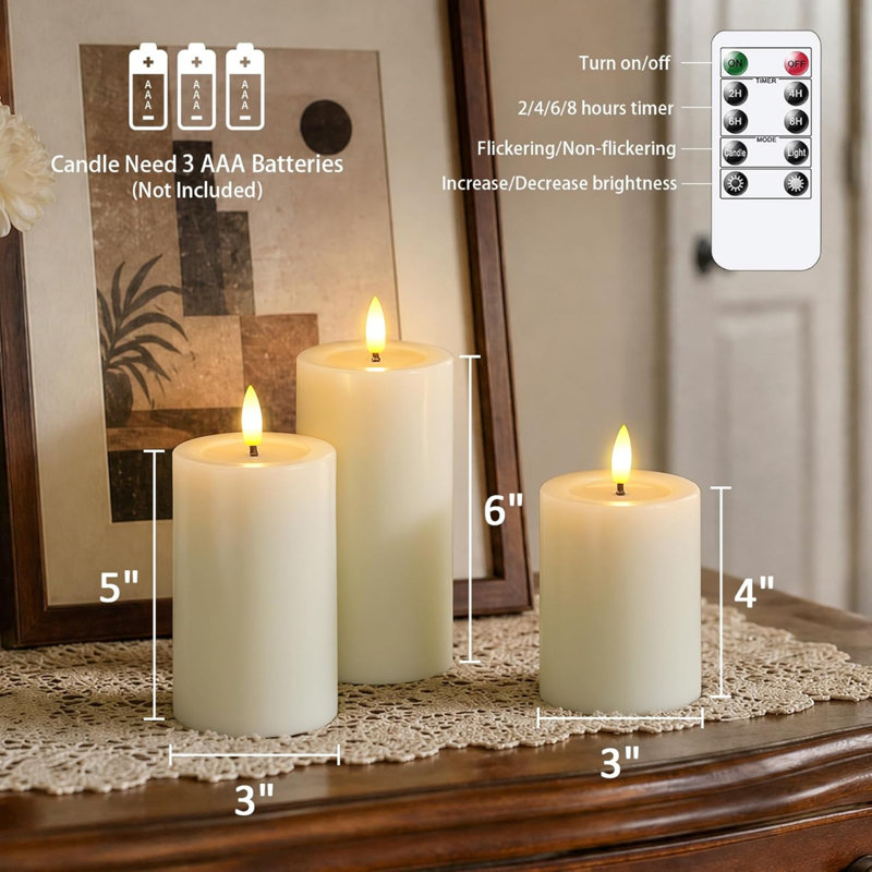 Remote Flameless Flickering Pillar Candles with Candle Grease Effect,Pack of 3 Ivory LED Battery Oprated 2/4/6/8 Hours Timer Real Wax Electric Candles(7.5x10,12.5,15 cm)