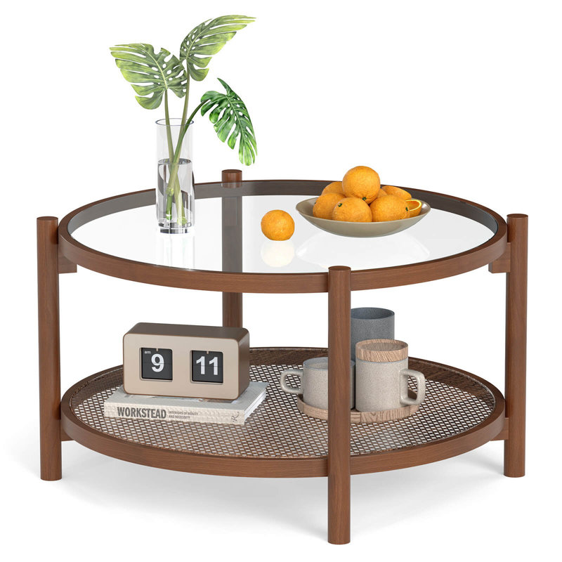 Wooden 31" Round Coffee Table With Tempered Glass Top Handmade Rattan Shelf