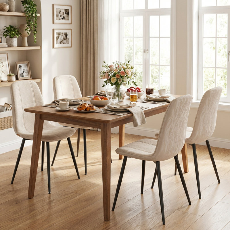 Set of 4 Upholstered Chenille Fabric Leather Dining Chairs, White