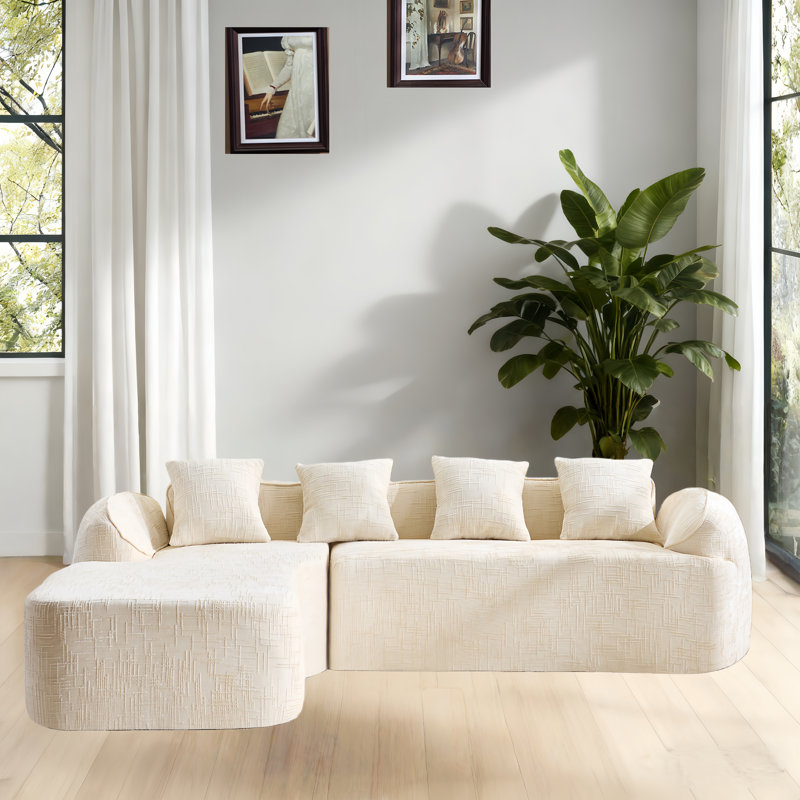 101.1'' Wide L Shape Chenille Sofa With Four Throw Pillows(Beige), Beige Chenille