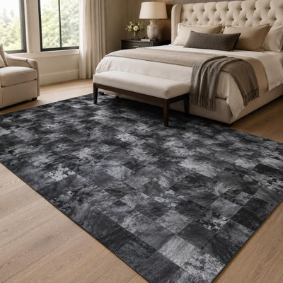 Handmade Charcoal Black Cowhide Patchwork Rug, Modern Leather Area Carpet