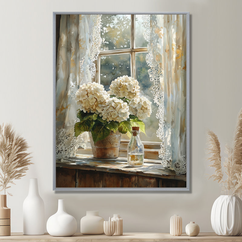 «Farmhouse Hydrangeas And Lace Curtains II - Hydrangea», reproduction sur toile encadrée, H 44 po x l 34 po, Argent argent