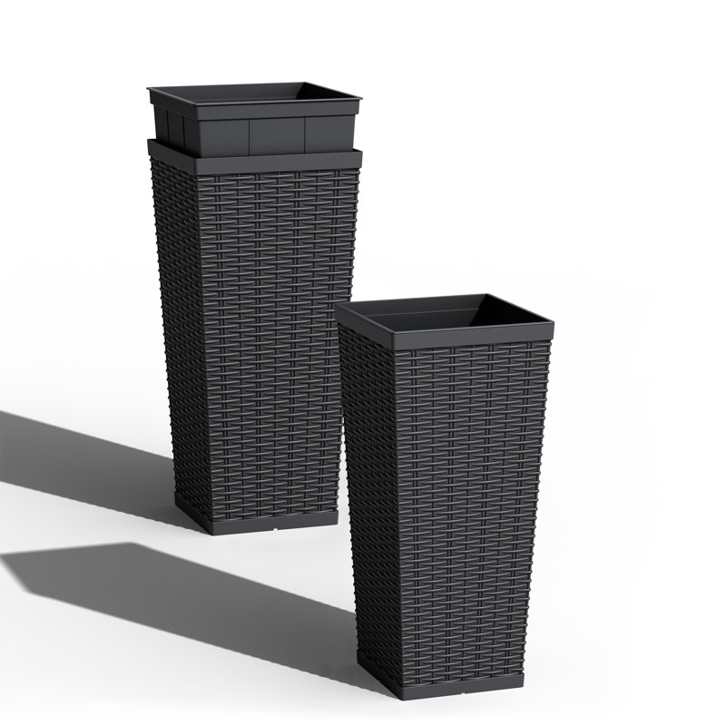 2-piece Premium Imitation Rattan Plastic Planters With Drainage Holes, Tall Planter Pots For Indoor & Outdoor Use, Black