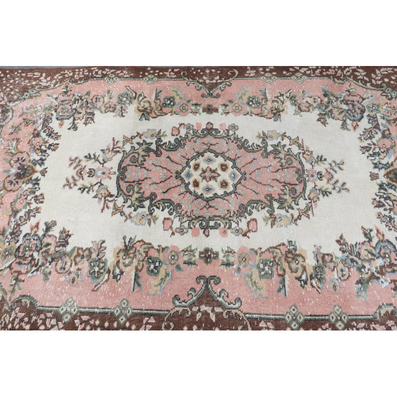 Tapis turc vintage en laine rose pour décor de chambre de bébé et de cuisine - revêtement de sol antique
