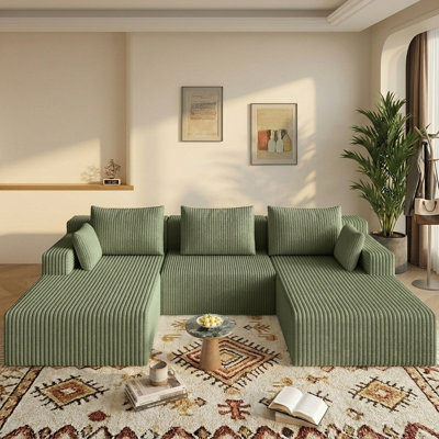 107" Corduroy U-Shaped Sectional Sofa, Modern Modular Boneless 4-Seater Couch With 6 Pillows, Upholstered Deep Seat DIY Cloud Sofa For Living Room, No Assembly Required