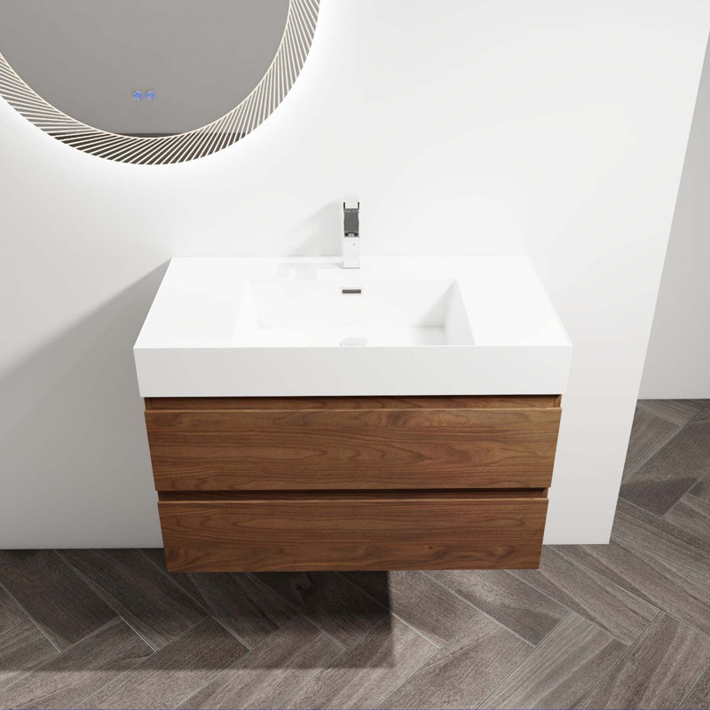 Meuble-lavabo mural avec lavabo en céramique, 2 tiroirs à fermeture en douceur, Chêne brun, 35"