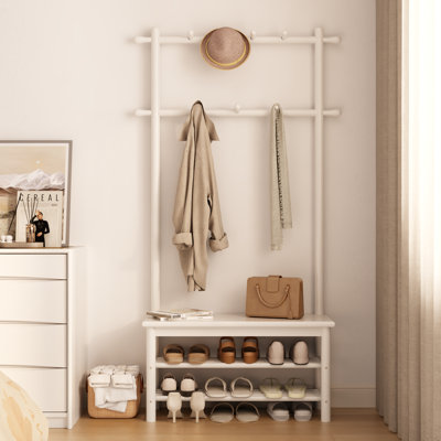 Arbre d'entrée en bois massif avec banc et rangement pour chaussures, rangement pour hall d'entrée avec 11 crochets et étagère à chaussures à deux niveaux pour vestibule ou couloir