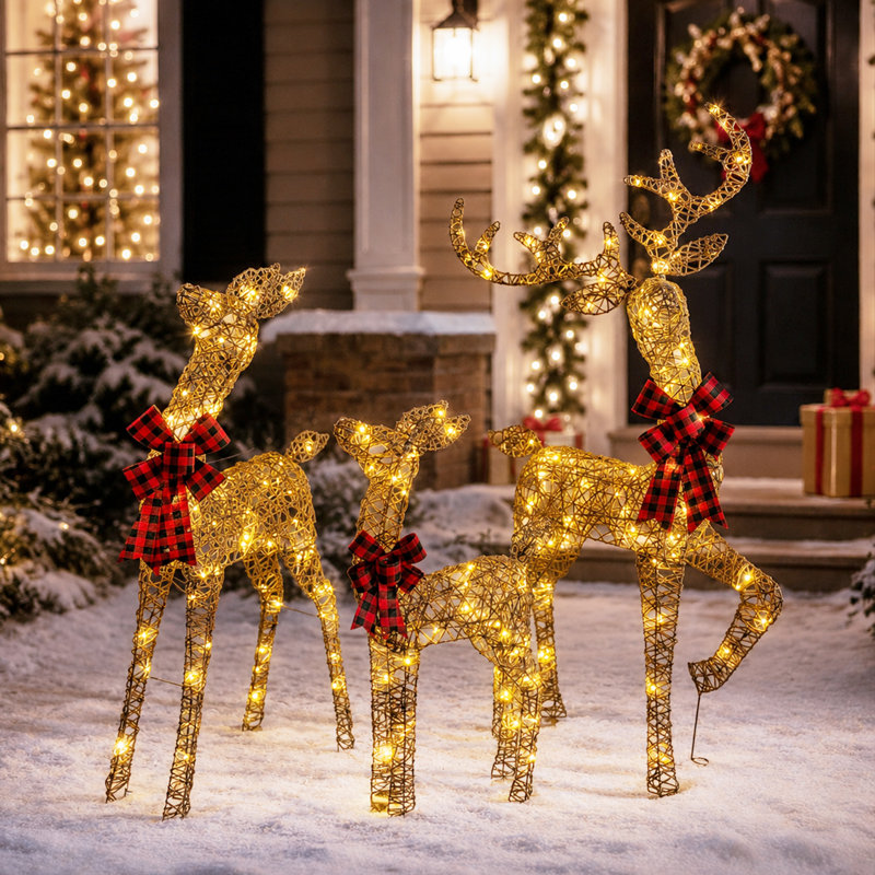 Décoration de Noël extérieure en rotin 3D représentant une famille de rennes, 130 cm (51 po), avec lumières DEL blanc chaud et 3 pièces.