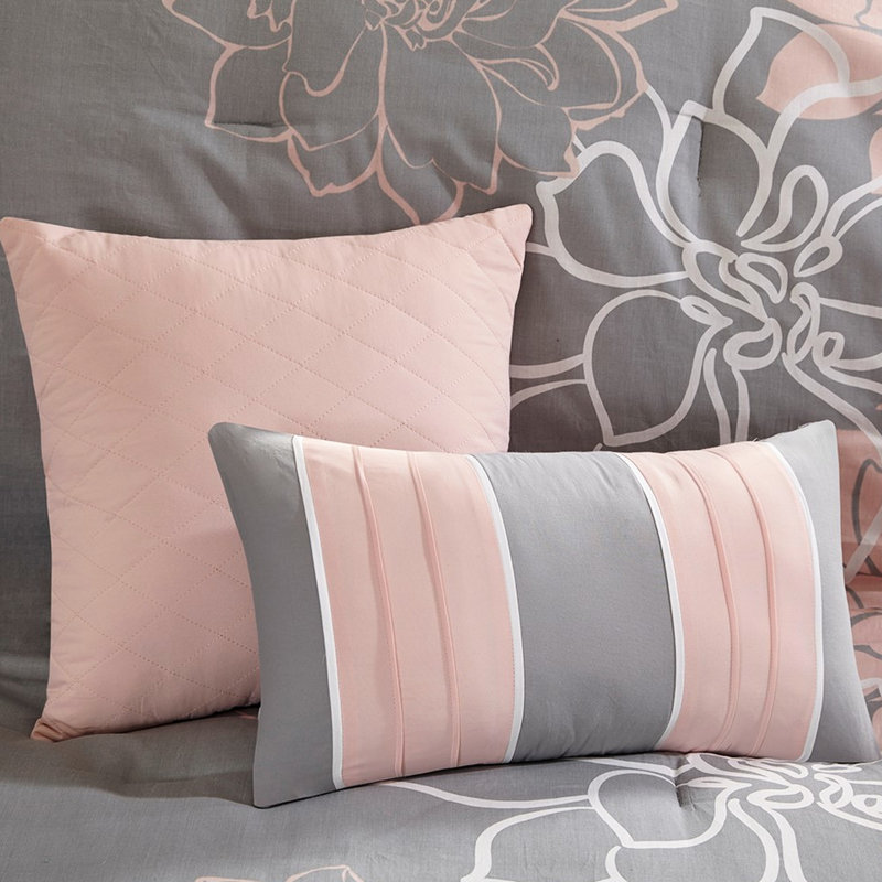 Édredon imprimé en coton pour lit simple / simple TG - jupe de lit gris / pêche et 3 coussins décoratifs exotiques avec bourre charmante