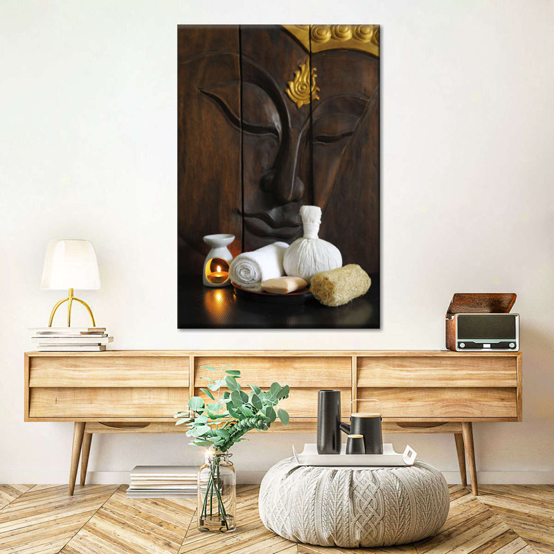 Bouddha en bois sculpté - impression sur toile tendue, H 48 po x l 32 po x P 1,25 po