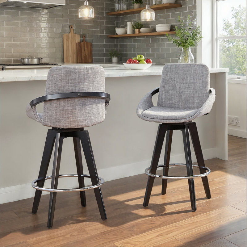 Whitacre 26" Fixed-Height Upholstered Counter Stools with Black Wood Legs & Round Footrest, Gray/Chrome