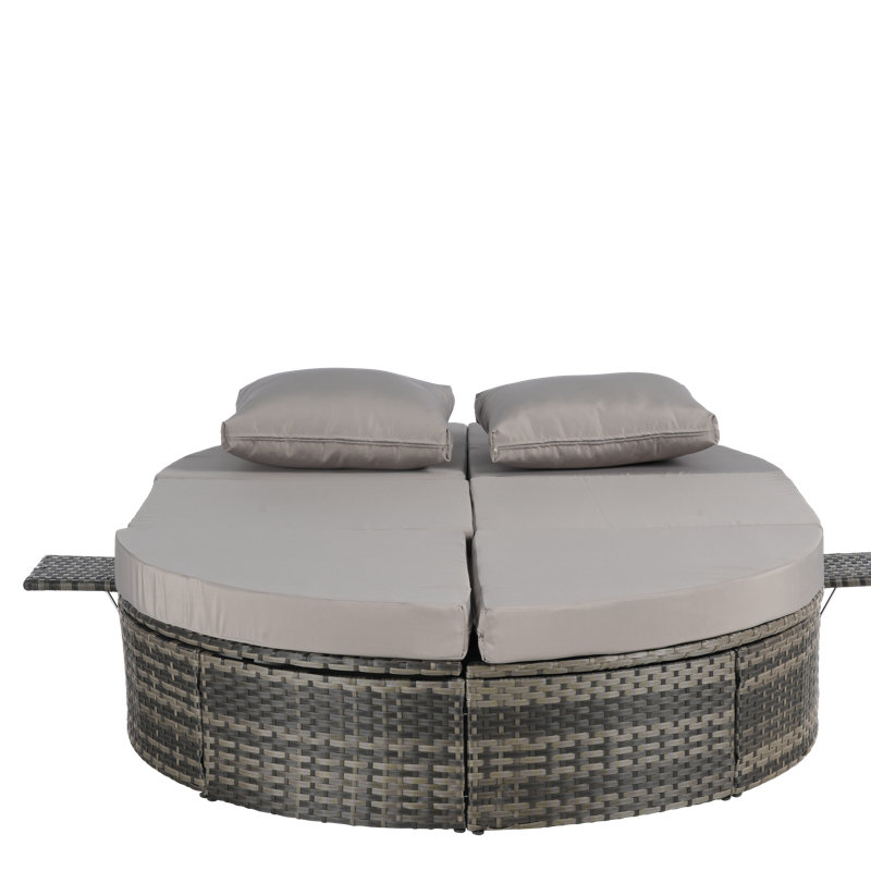 Outdoor Patio Round Daybed With Adjustable Backrests And Foldable Cup Trays For Relaxing Lounging, Light Gray