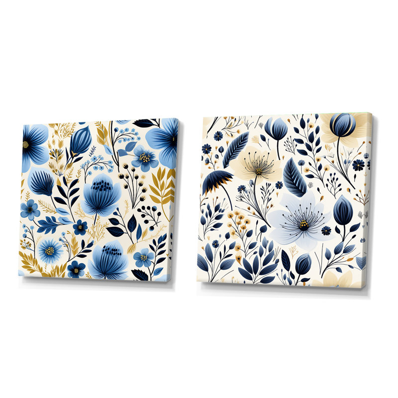 Nordic Yellow Blue Garden Dreams II - Abstract Botanicals Square, ensemble de 2 collages carrés, H 16 po x l 33 po