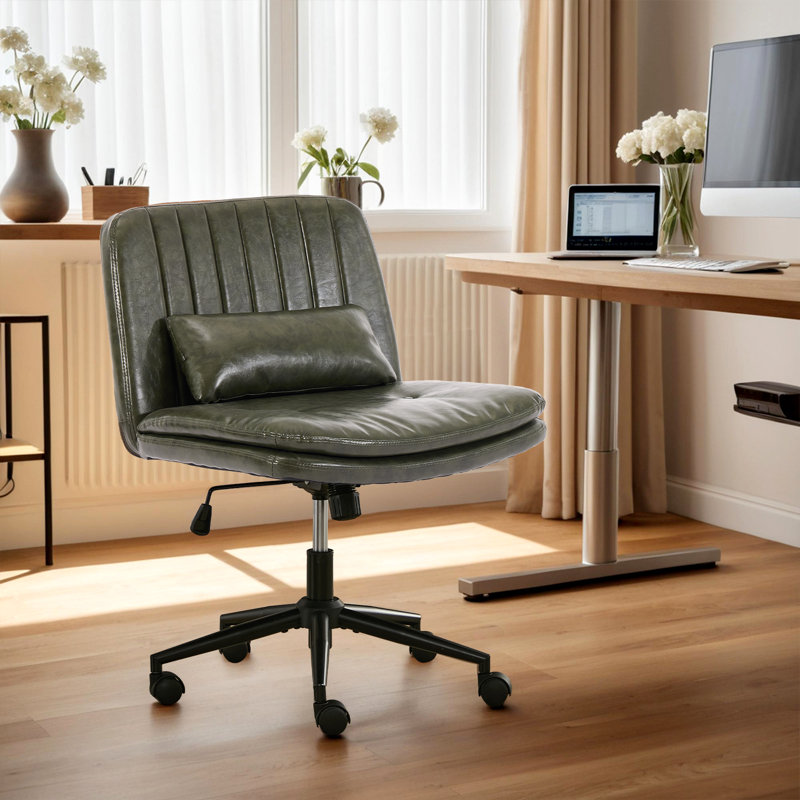 Criss Cross Legged Chair With Wheels, Comfy Rolling Office Desk Armless Chair With Pillows, Wide Swivel Vanity Chairs Computer Task Chair For Makeup, Bedroom