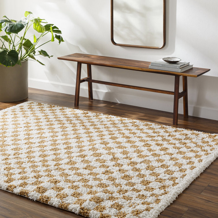 Cassarah Checkered Polyester Area Rug in Yellow/White