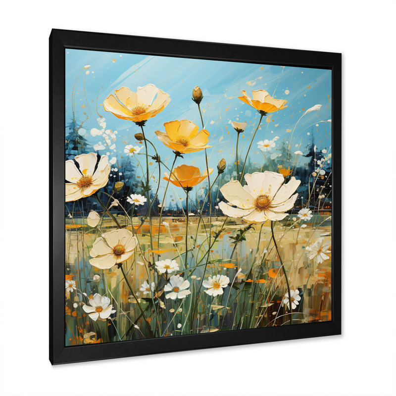 Bouton d'or jaune et bleu, H 36 po x l 36 po, Cadre simple noir