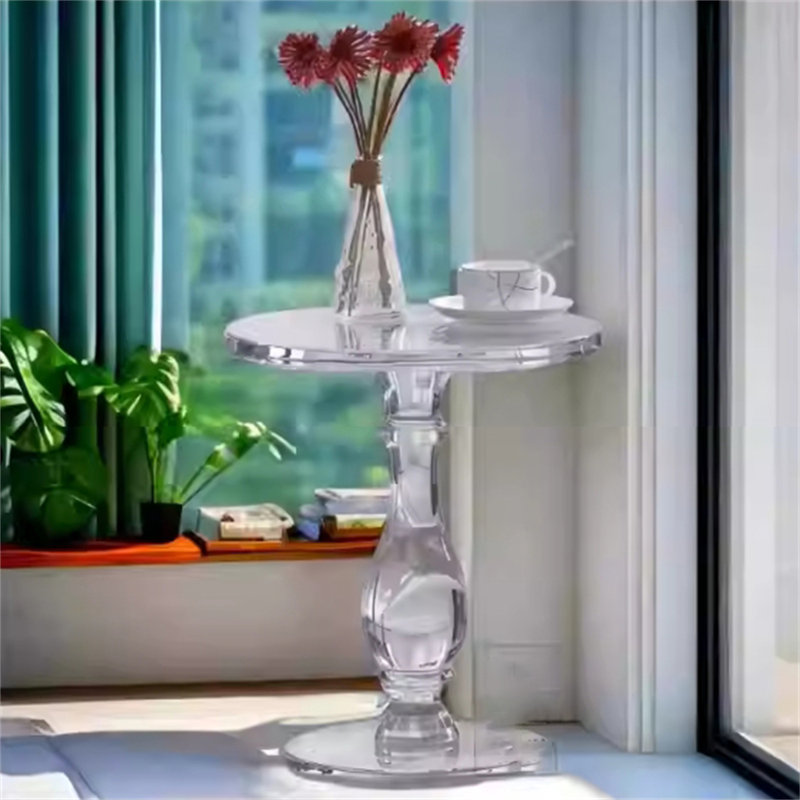 Modern Clear Acrylic Side Table with Roman Column Base - Round Pedestal End Table for Living Room or Bedroom