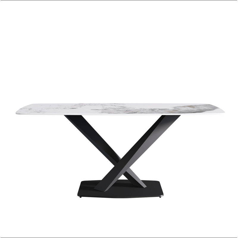 70.87"Modern artificial stone Pandora white curved black metal leg dining table-can accommodate 6-8 people, Antique White