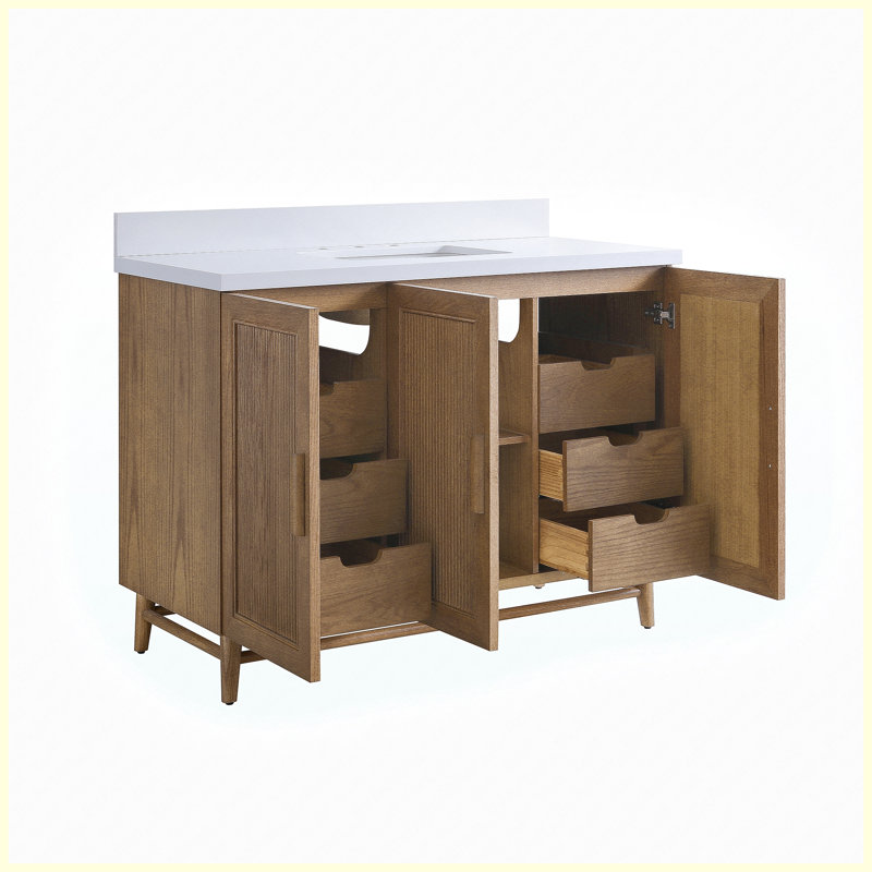 Meuble-lavabo autoportant de 48 po en bois massif café clair avec comptoir blanc d'ingénierie entièrement assemblé 48 po