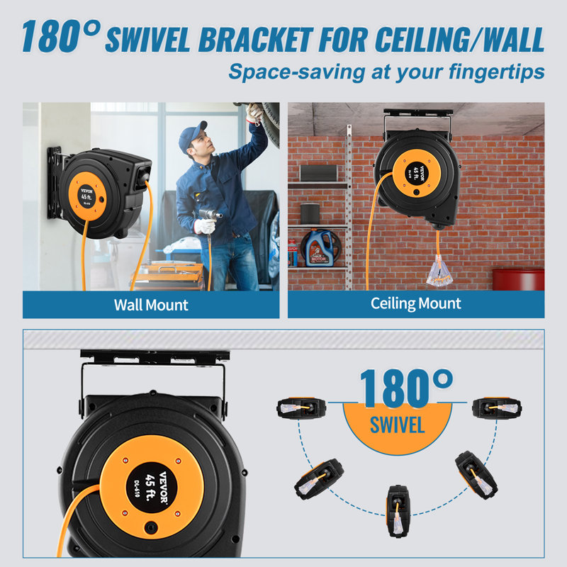 45 ft Black and Orange Retractable Extension Cord Reel