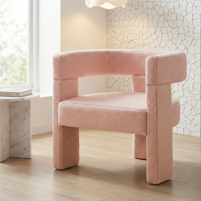 23" Wide Modern Boucle Upholstered Accent Chair Barrel Armchair, Pink