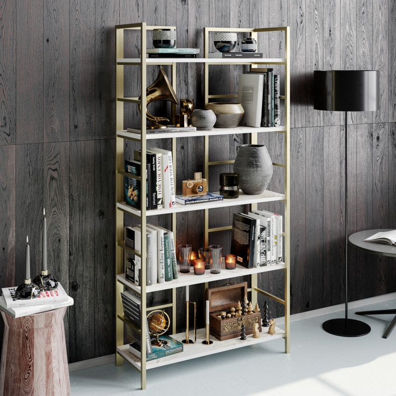 Branan 180 cm H x 90 cm W Steel Etagere Bookcase, Gold/White