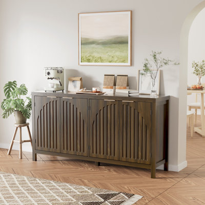 Buffet 58 po en bois arqué, buffet Buffet avec 4 portes et tablettes réglables, rangement spacieux, armoire de rangement pour le bar et le café dans la cuisine et le salon
