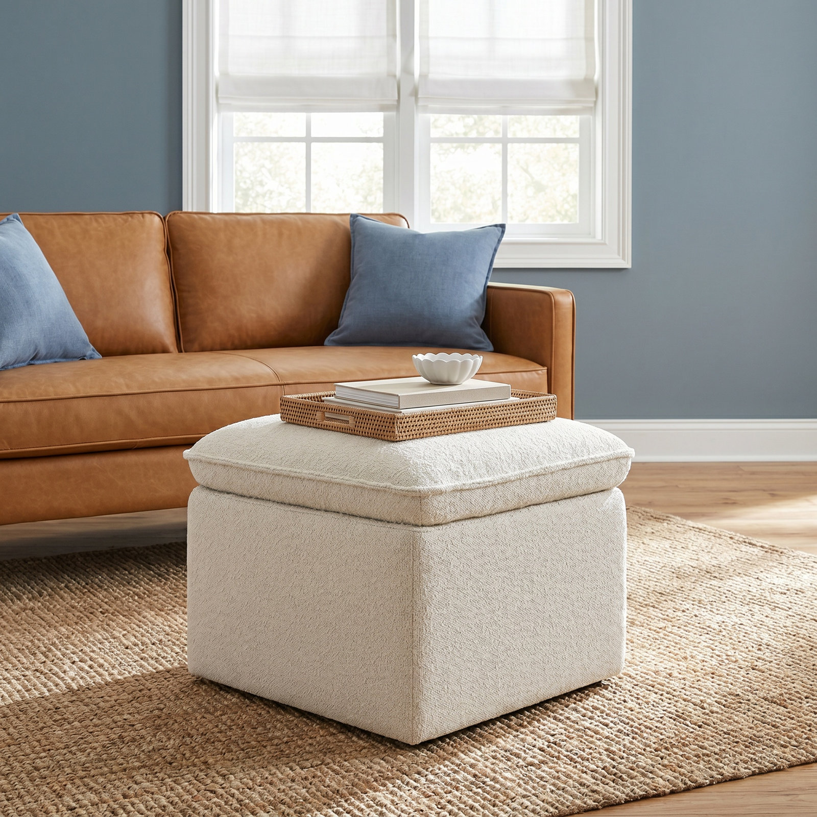 22" Storage Ottoman, Cream Polyester