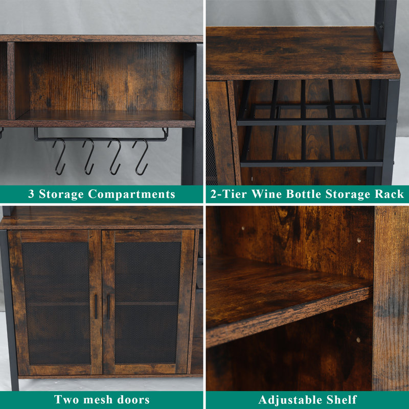 Rustic Brown Industrial Wine Bar Cabinet with LED Lights and Storage