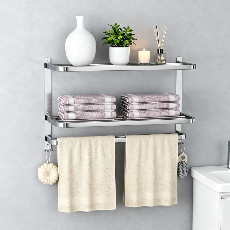 Porte-serviettes mural à 3 niveaux avec tablette et crochets, porte-serviettes multicouches en acier inoxydable pour un usage hôtelier ou domestique