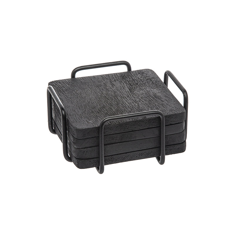 Wallis Square 4-Piece Coaster Set with Holder, Black