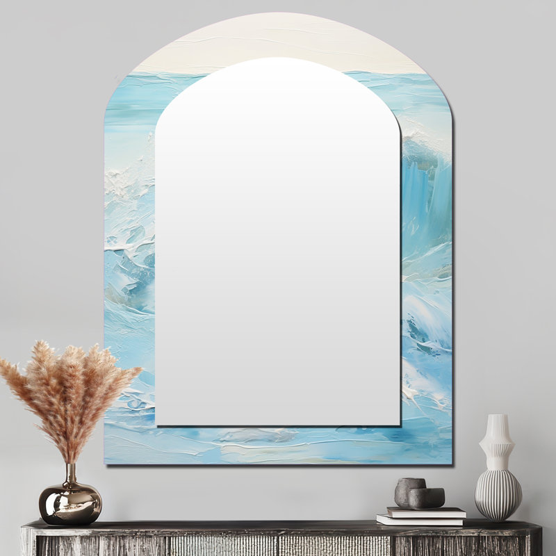 Bleu et blanc Simplicity Beach - miroir mural asymétrique unique à vagues, miroir arqué bleu, impression d'art en métal