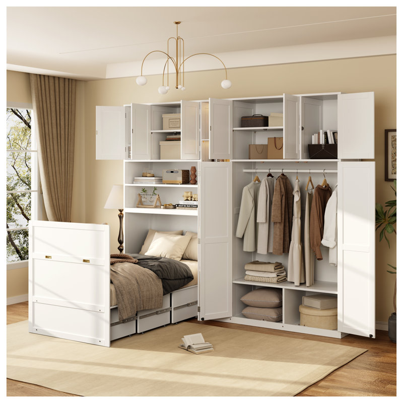 Lit escamotable simple avec garde-robe et tablettes de rangement, lit escamotable mural en panneau de fibres à densité moyenne blanc et LVL