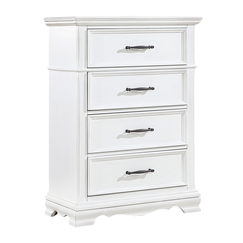 Commode haute Yal, 4 tiroirs avec poignées barres en nickel noir, blanc