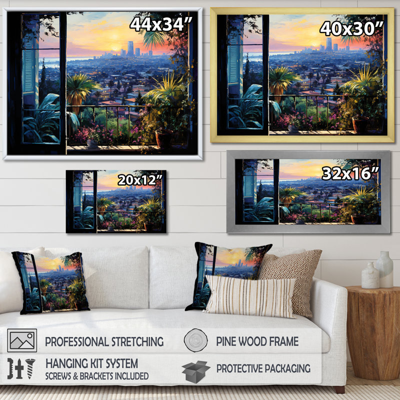 Los Angeles Window View 4 - Los Angeles, art mural, Cadre d'angle fermé noir, H 16 po x l 32 po x P 1 po