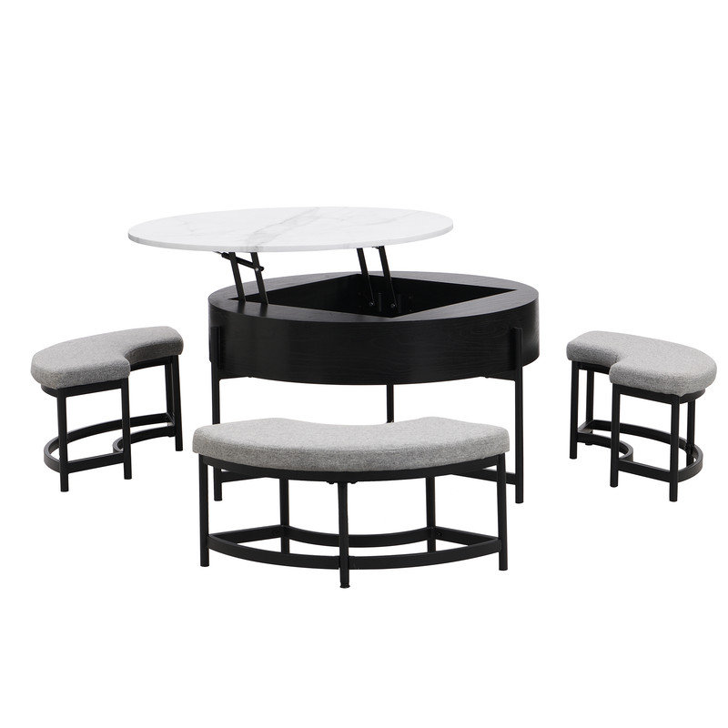 Modern Round Lift-Top Coffee Table with Storage & 3 Ottoman, Black