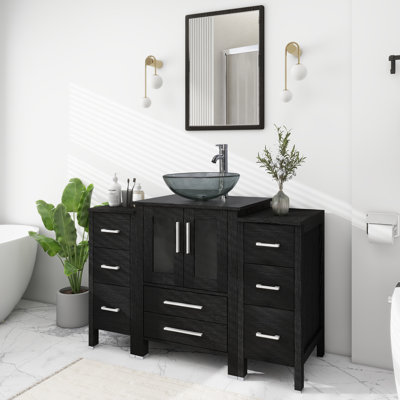 48” Bathroom Vanity Sink Set with Glass Vessel Sink, Wood Top, 2 Side Cabinets, Zinc Alloy Faucet