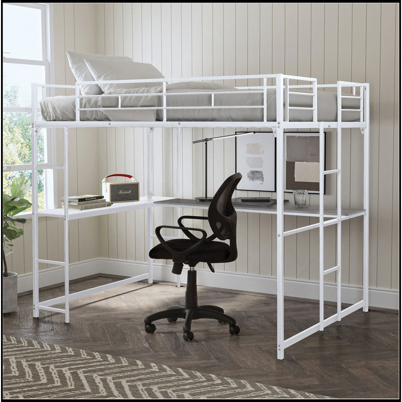 Lit mezzanine double de style contemporain avec deux échelles et structure en métal, Blanc
