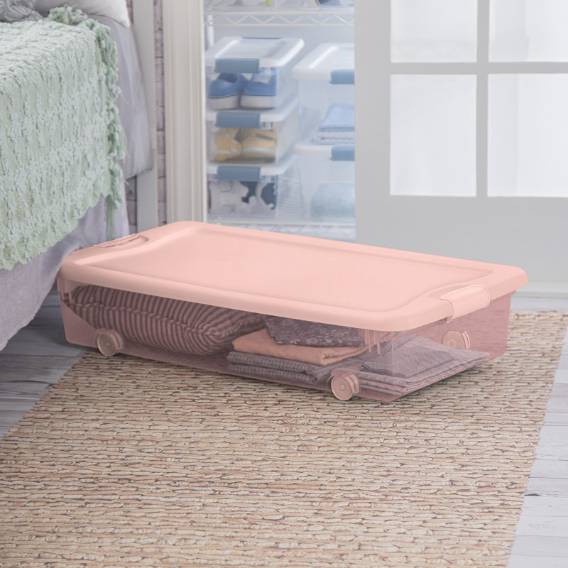  56 Qt Wheeled Under Bed Storage Container Plastic Bin, Blush, 8 Pack