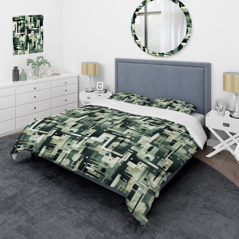 Green Urban Maze I - Ensemble de housse de couette géométrique - Polyester microfibre