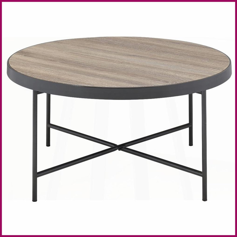 Chêne gris industriel patiné Table basse ronde noire - Support en X stable, grande surface pour le salon