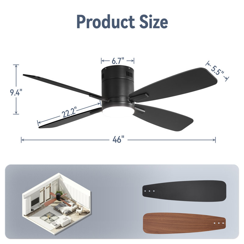 46" Modern Black Flush-Mount Ceiling Fan with Light & Remote/App Control for Bedroom & Living Room, 46" Wide, Black