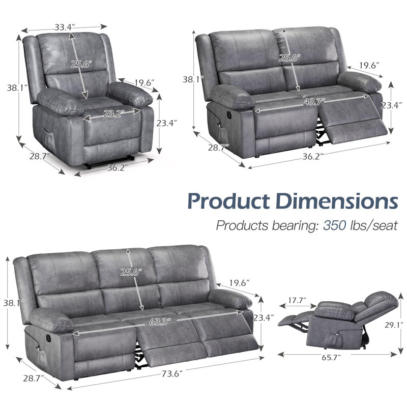 Ensemble de salon inclinable en similicuir Stewumin, Similicuir gris