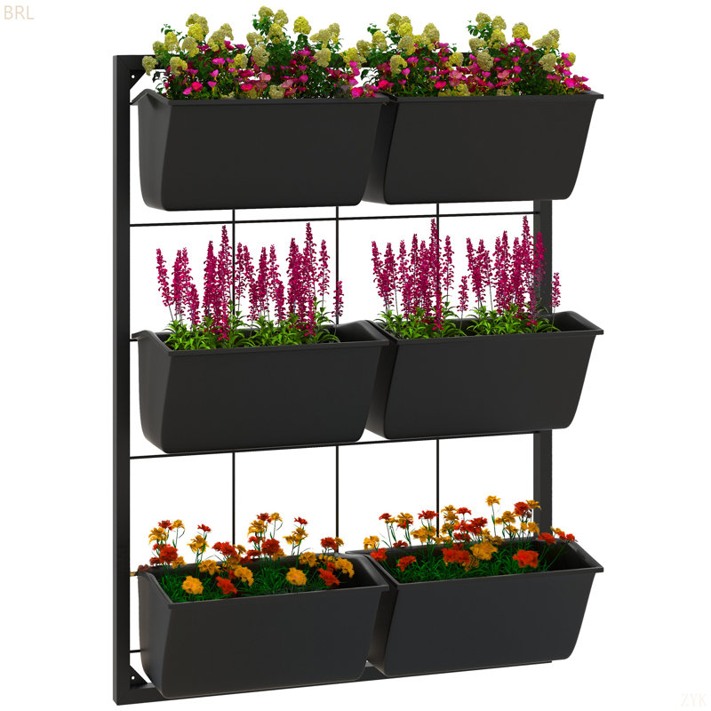 Pot de fleurs mural à 3 niveaux avec 6 pots pour une utilisation intérieure et extérieure, Noir